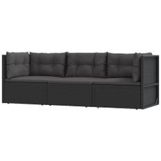 Salon de jardin 3 pcs avec coussins Noir Résine tressée