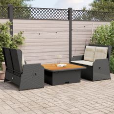 Salon de jardin 3 pcs avec coussins Noir Résine tressée