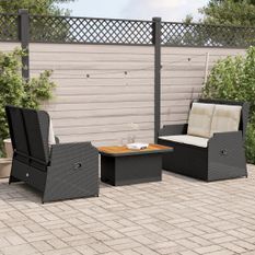 Salon de jardin 3 pcs avec coussins Noir Résine tressée