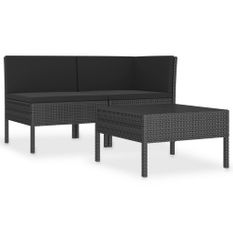 Salon de jardin 3 pcs avec coussins Résine tressée Noir 19