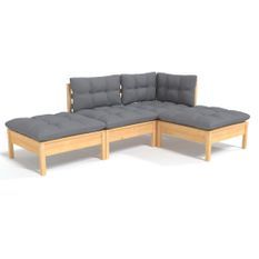 Salon de jardin 4 pcs avec coussins gris Bois de pin massif