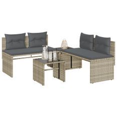 Salon de jardin 4 pcs avec coussins gris clair résine tressée