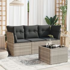 Salon de jardin 4 pcs avec coussins gris clair résine tressée