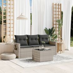 Salon de jardin 4 pcs avec coussins gris clair résine tressée