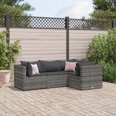 Salon de jardin 4 pcs avec coussins Gris Résine tressée