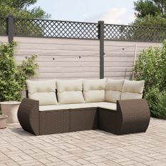 Salon de jardin 4 pcs avec coussins marron résine tressée