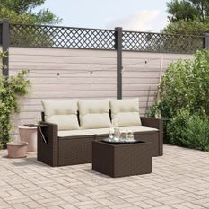 Salon de jardin 4 pcs avec coussins marron résine tressée