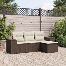 Salon de jardin 4 pcs avec coussins marron résine tressée