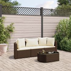 Salon de jardin 4 pcs avec coussins marron résine tressée