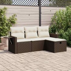 Salon de jardin 4 pcs avec coussins marron résine tressée