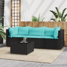 Salon de jardin 4 pcs avec coussins Noir Résine tressée