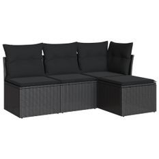 Salon de jardin 4 pcs avec coussins noir résine tressée