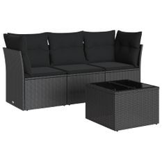 Salon de jardin 4 pcs avec coussins noir résine tressée