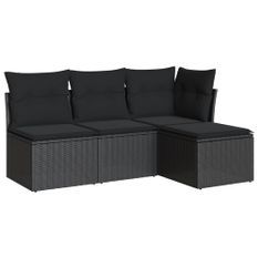 Salon de jardin 4 pcs avec coussins noir résine tressée