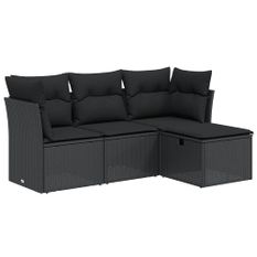 Salon de jardin 4 pcs avec coussins noir résine tressée