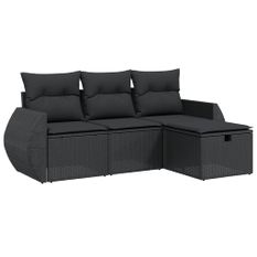 Salon de jardin 4 pcs avec coussins noir résine tressée