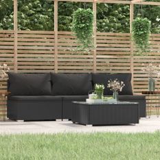 Salon de jardin 4 pcs avec coussins noir résine tressée