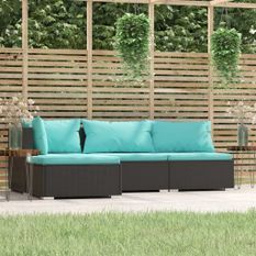 Salon de jardin 4 pcs avec coussins Noir Résine tressée