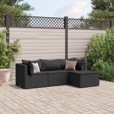 Salon de jardin 4 pcs avec coussins Noir Résine tressée