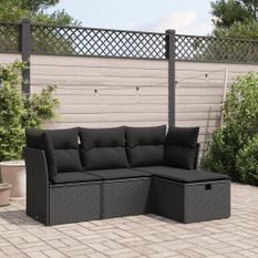 Salon de jardin 4 pcs avec coussins noir résine tressée