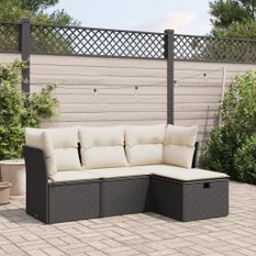 Salon de jardin 4 pcs avec coussins noir résine tressée