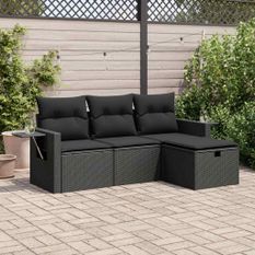 Salon de jardin 4 pcs avec coussins noir résine tressée