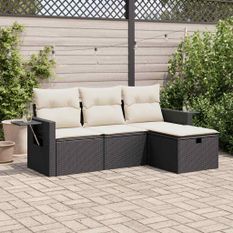 Salon de jardin 4 pcs avec coussins noir résine tressée