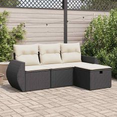 Salon de jardin 4 pcs avec coussins noir résine tressée