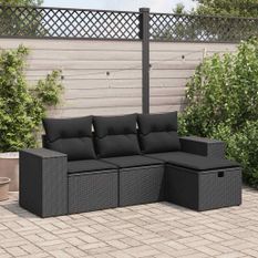 Salon de jardin 4 pcs avec coussins noir résine tressée