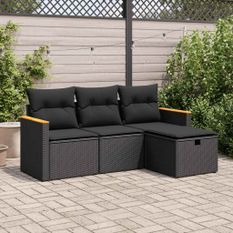 Salon de jardin 4 pcs avec coussins noir résine tressée