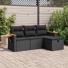 Salon de jardin 4 pcs avec coussins noir résine tressée