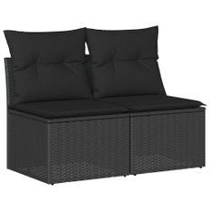 Salon de jardin 4 pcs avec coussins noir résine tressée acacia