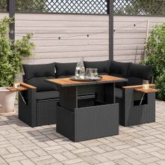 Salon de jardin 4 pcs avec coussins noir résine tressée acacia