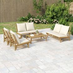Salon de jardin 5 pcs avec coussins blanc crème bambou