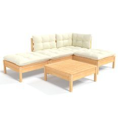 Salon de jardin 5 pcs avec coussins crème Bois de pin