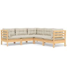 Salon de jardin 5 pcs avec coussins crème Bois de pin solide