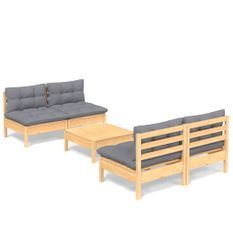 Salon de jardin 5 pcs avec coussins gris Bois de pin