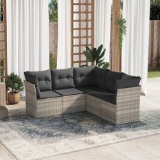 Salon de jardin 5 pcs avec coussins gris clair résine tressée