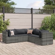 Salon de jardin 5 pcs avec coussins Gris Résine tressée