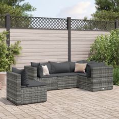 Salon de jardin 5 pcs avec coussins Gris Résine tressée