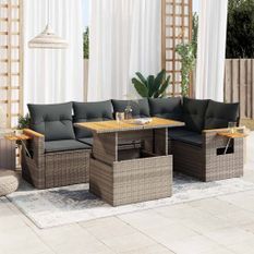 Salon de jardin 5 pcs avec coussins gris résine tressée acacia