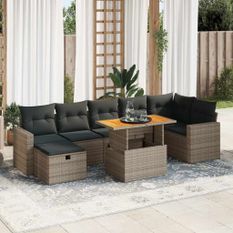 Salon de jardin 5 pcs avec coussins gris résine tressée acacia