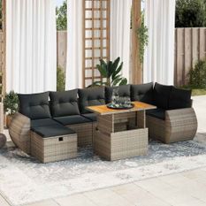 Salon de jardin 5 pcs avec coussins gris résine tressée acacia