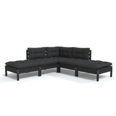 Salon de jardin 5 pcs avec coussins Noir Bois de pin 2