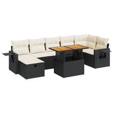 Salon de jardin 5 pcs avec coussins noir résine tressée acacia