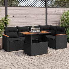 Salon de jardin 5 pcs avec coussins noir résine tressée acacia