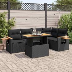 Salon de jardin 5 pcs avec coussins noir résine tressée acacia