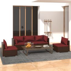 Salon de jardin 5 pcs avec coussins Résine tressée Marron