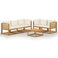 Salon de jardin 6 pcs avec coussin Crème Bois d'acacia solide 3