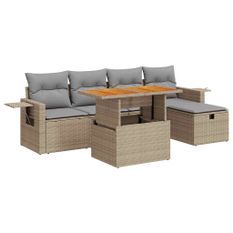 Salon de jardin 6 pcs avec coussins beige résine tressée acacia